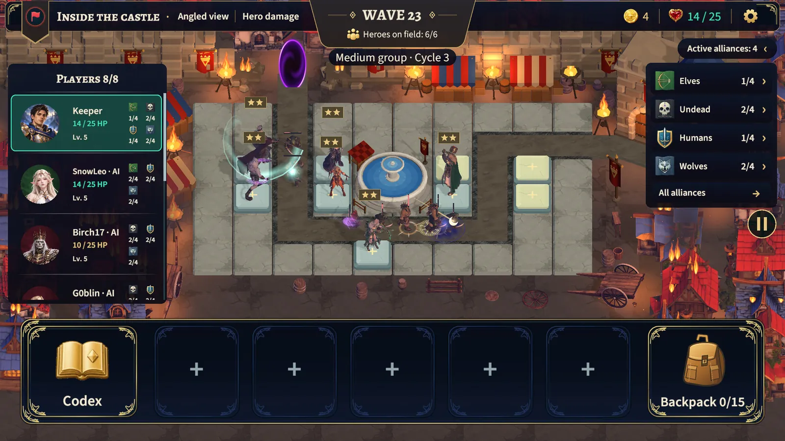 An 8-player battle in the Inside the Castle arena, wave 23: the player list, alliances and hero bar on screen