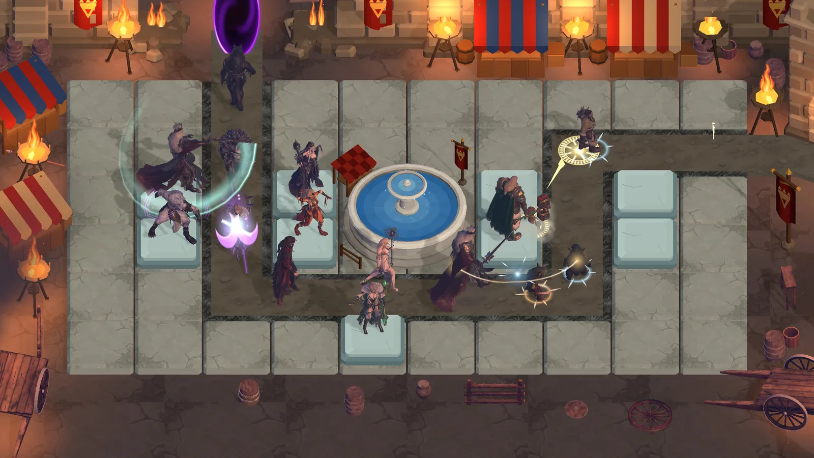 Wide view of the Inside the Castle arena: heroes on their tiles strike enemies along the road around the fountain