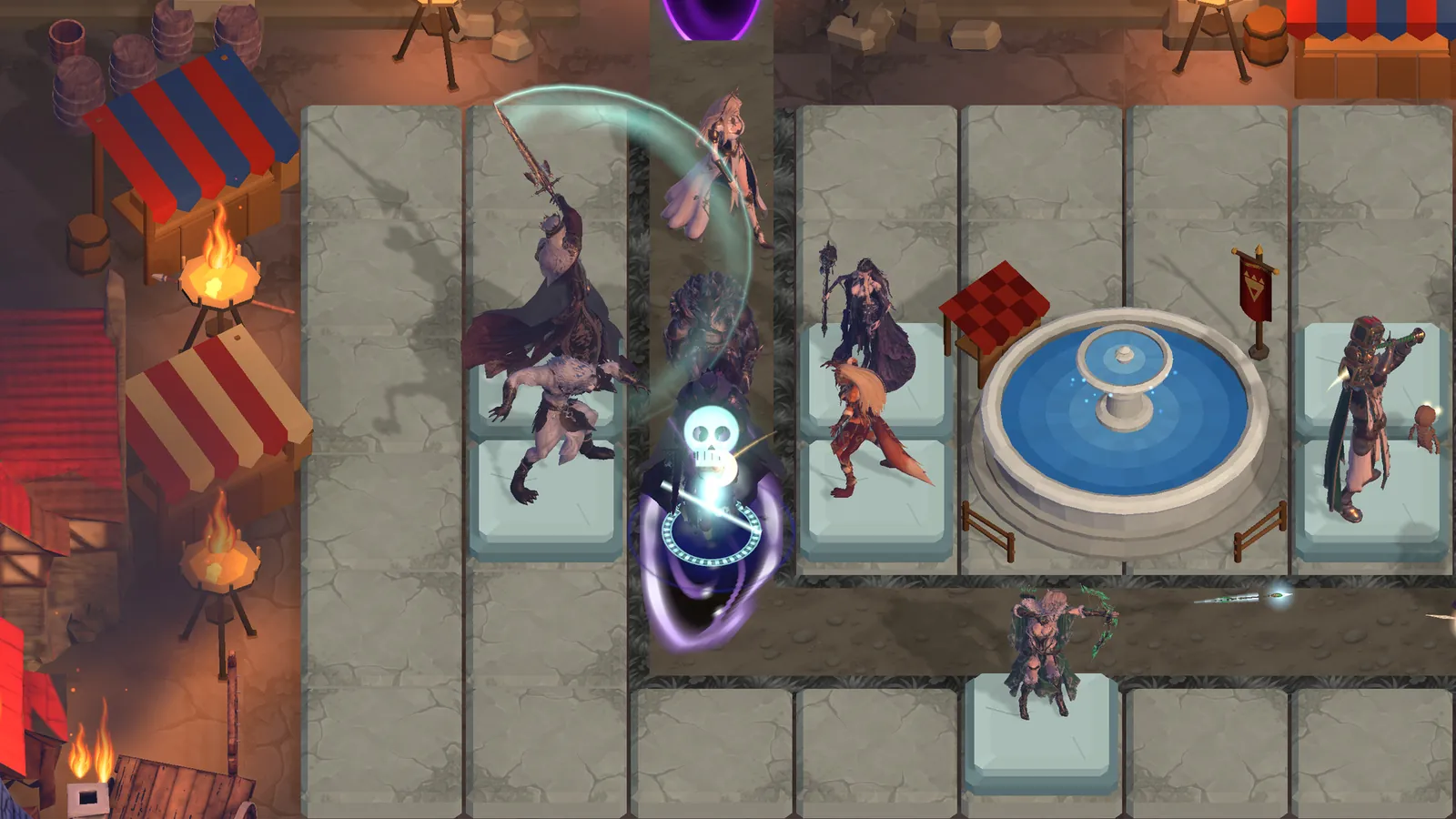 Azar's sword leaves a turquoise trail as a defeated enemy vanishes under a skull and a ring of runes