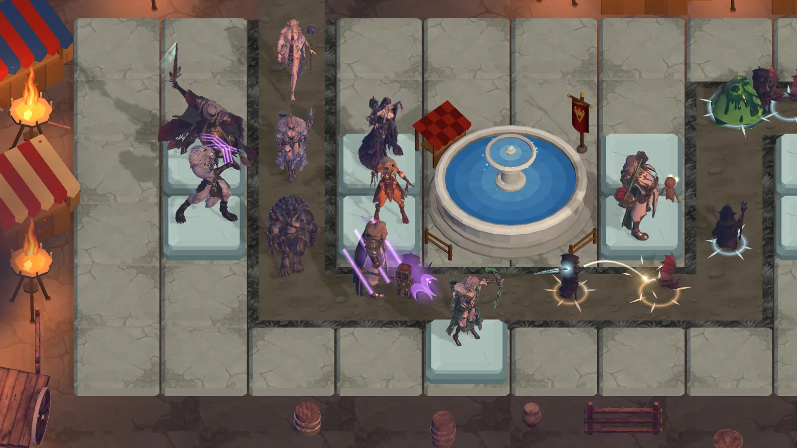 Invasion: copies of a rival's heroes march down the road from the portal among slimes, goblins and bats