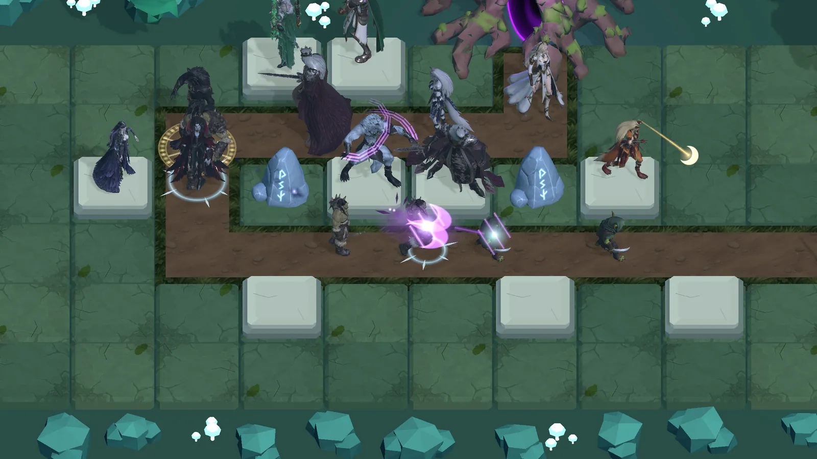 The Moonlit Grove arena: roots of the Great Tree, rune stones, heroes fighting orcs, goblins and a demon boss